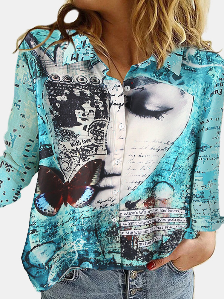 Art Illustration Butterfly Printed Long Sleeve Shirt For Women