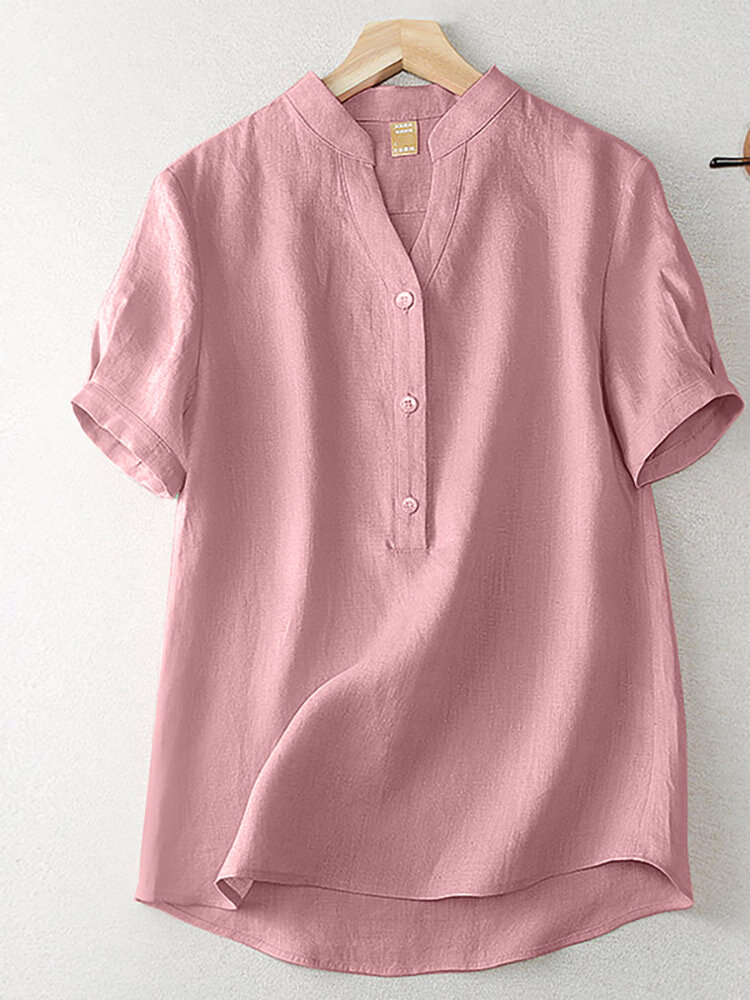 Solid Button Short Sleeve Casual T-shirt