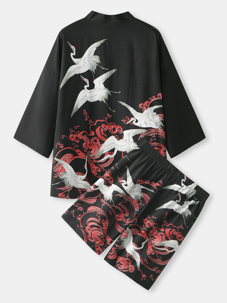 Mens Crane Print Open Front Kimono Chinese Style Black Two Pieces Outfits