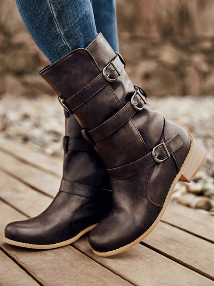 Women Retro Black Buckle Design Slip-on Mid Calf Boots