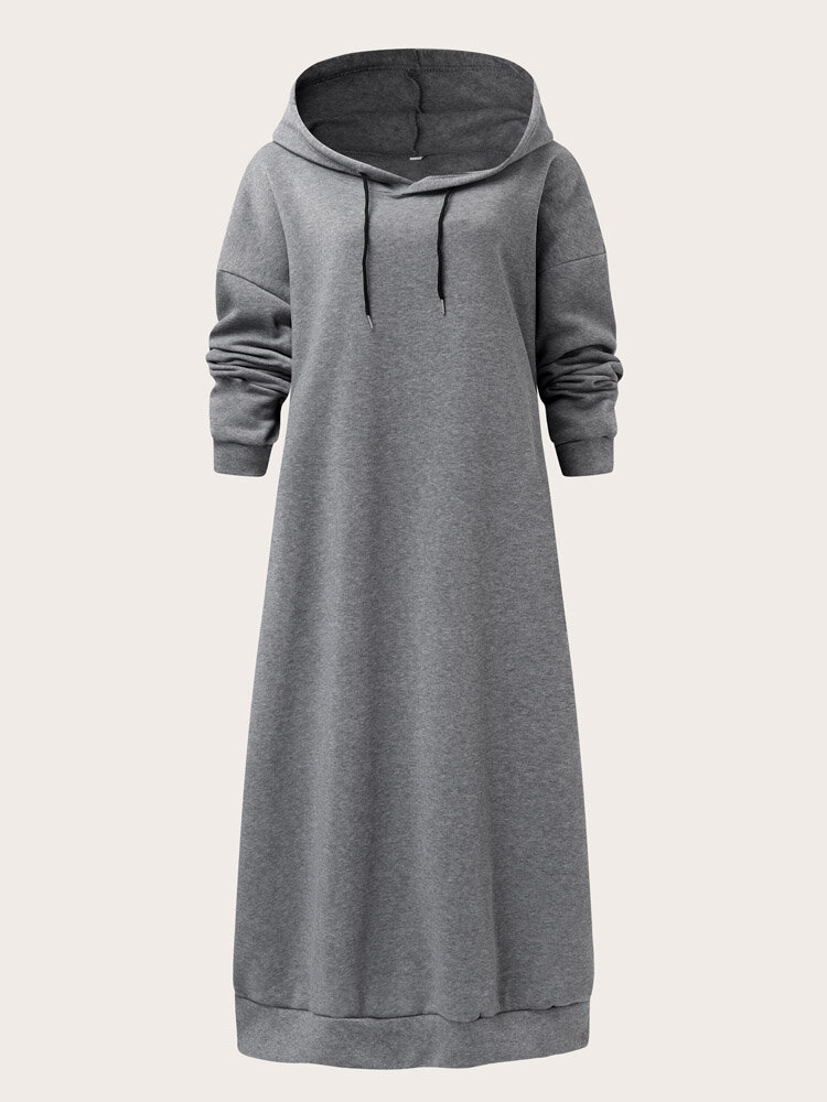 Plus Size Solid Color Drawstring Hooded Casual Maxi Dress