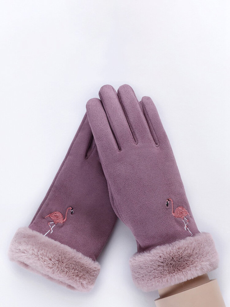 Women Warm Suede Gloves Embroidered Outdoor Windproof Touch Screen Anti-slip Gloves Full Finger