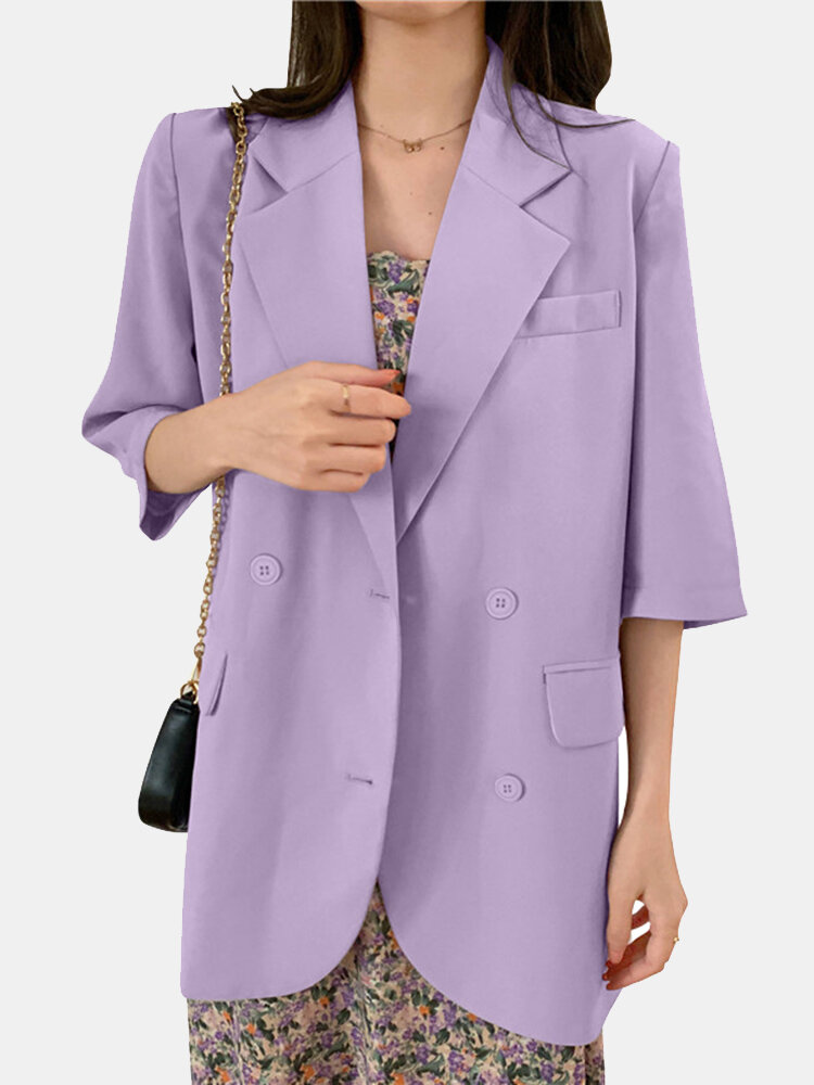 Solid Color  Turn-down Collar Blazer For Women