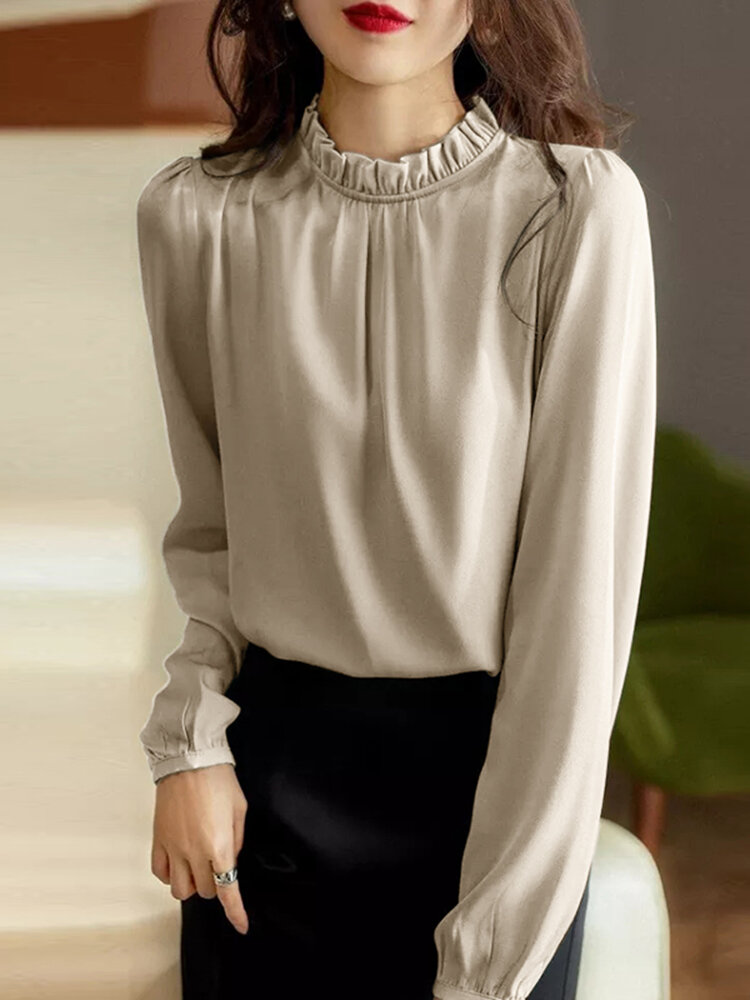 Solid Long Sleeve Ruffle Trim Stand Collar Blouse