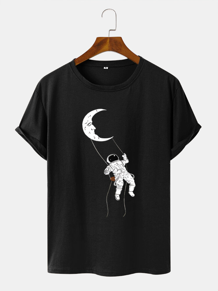 Mens Moon Astronaut Swing Print Crew Neck Short Sleeve T-Shirts