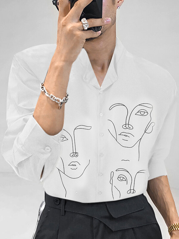 Mens Abstract Face Print Long Sleeve Shirts