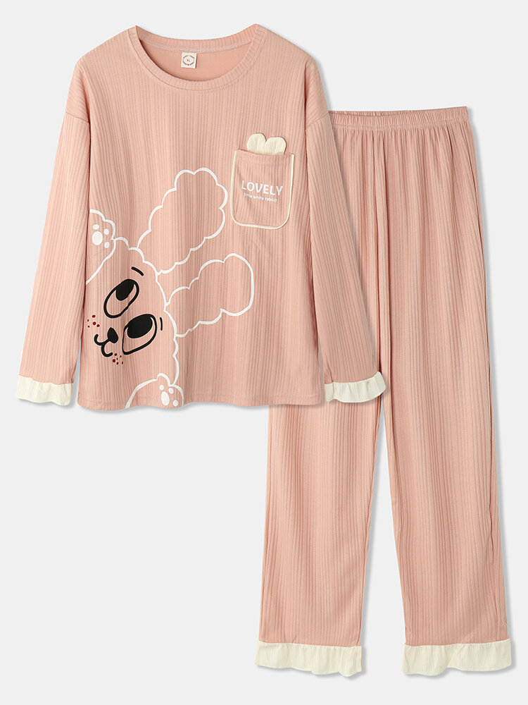 

Plus Size Women Cartoon Animal Letter Print Cotton Cozy Pajamas Sets, Navy;blue;pink;apricot