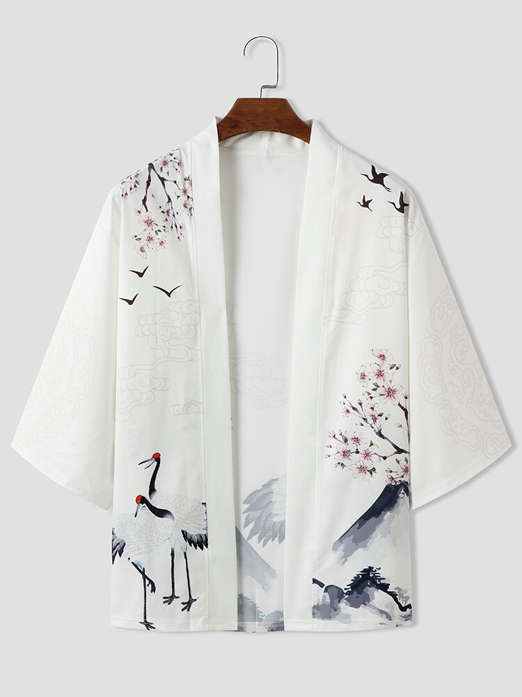 Mens Crane Scene Printed Front Open 3/4 Sleeve Length Kimonos