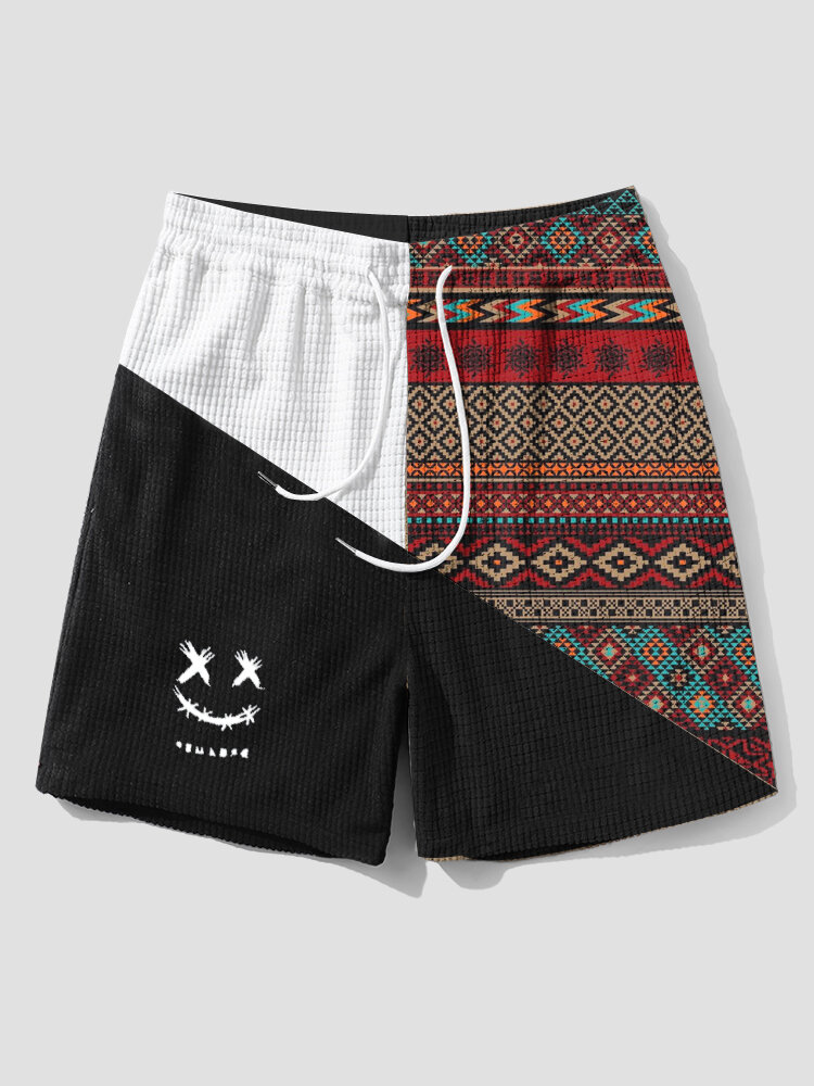 Mens Ethnic Geometric Funny Face Pattern Patchwork Corduroy Shorts