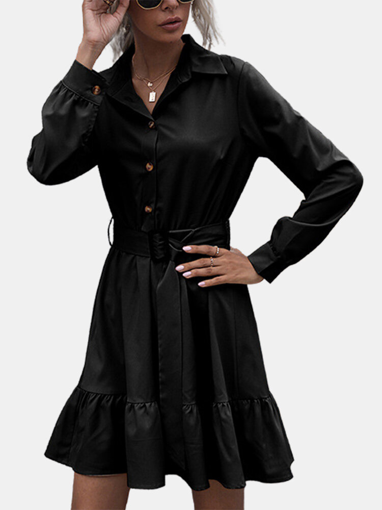 

Solid Color Button Waistband Long Sleeves Causal Dresses for Women, Khaki;black
