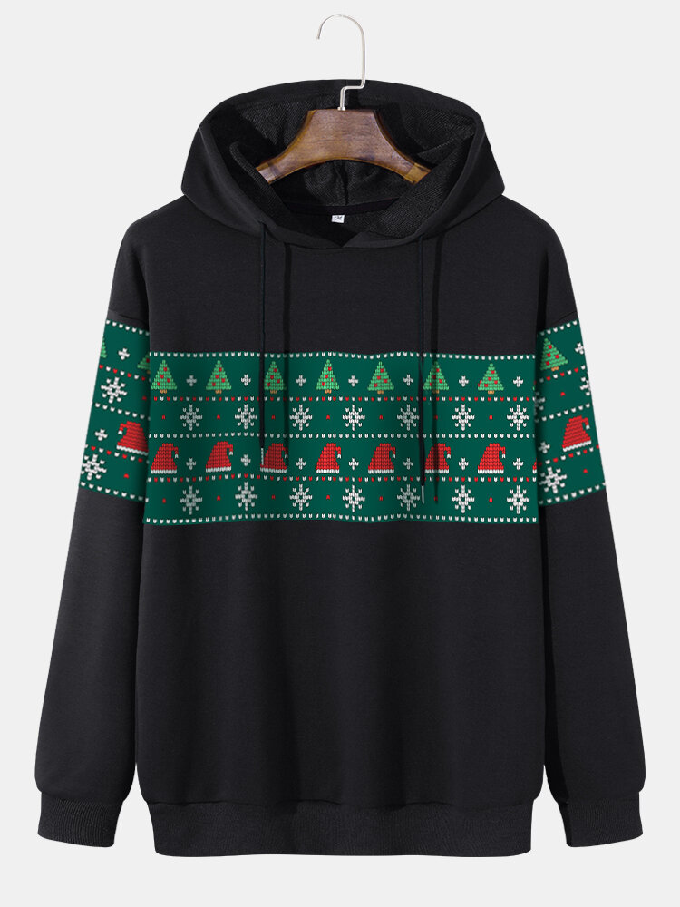 Mens Christmas Element Hit Print Long Sleeve Hooded Sweatshirts
