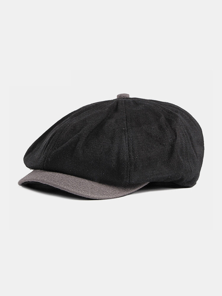 Men Plain Color Casual Personality Stripe Pattern Newsboy Hat Octagonal Cap Flat Hat
