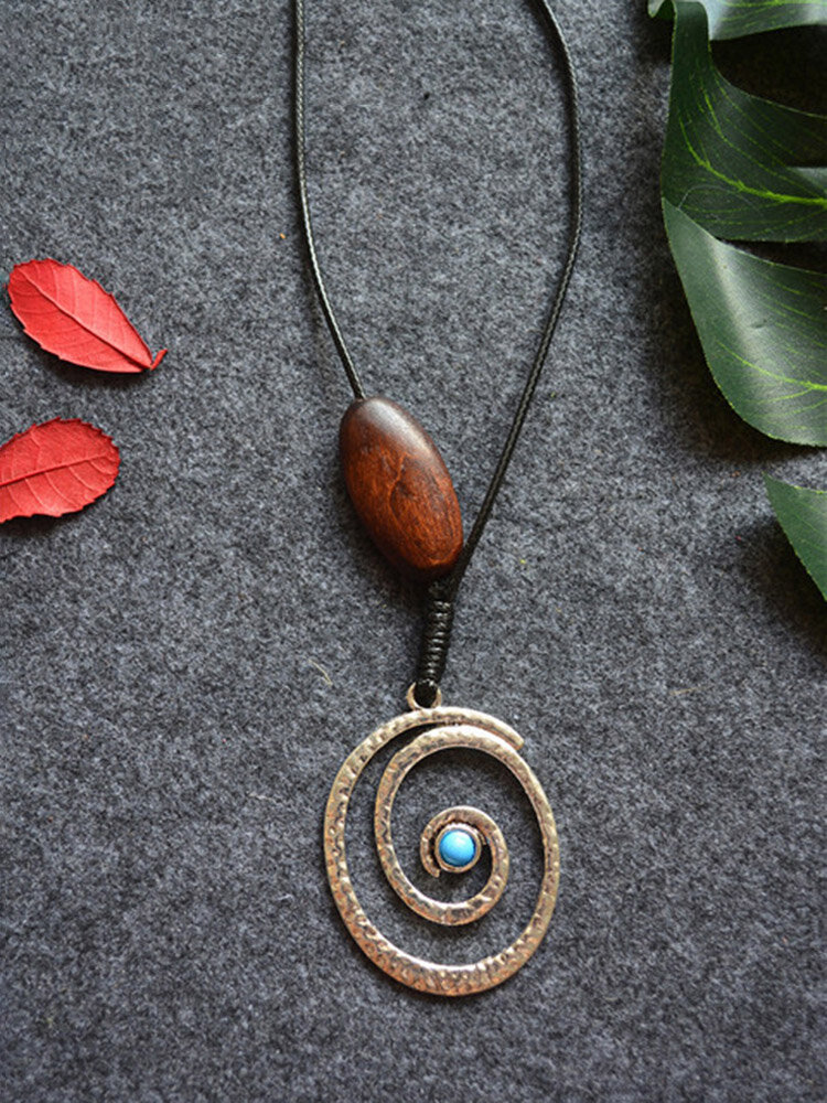Vintage Oval Wood Women Necklace Spiral Pendant Leather Necklace Jewelry Gift, newchic  - buy with discount