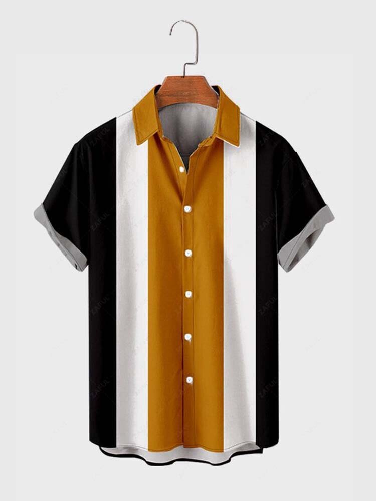 Mens Color Block Striped Button Up Casual Short Sleeve Shirts