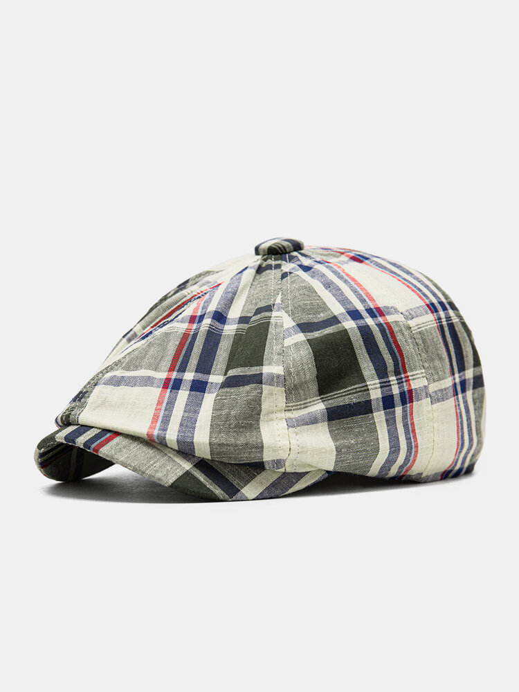 Men Cotton Vintage Contrast Colors Lattice Pattern Casual Newsboy Hat Forward Hat Octagonal Beret