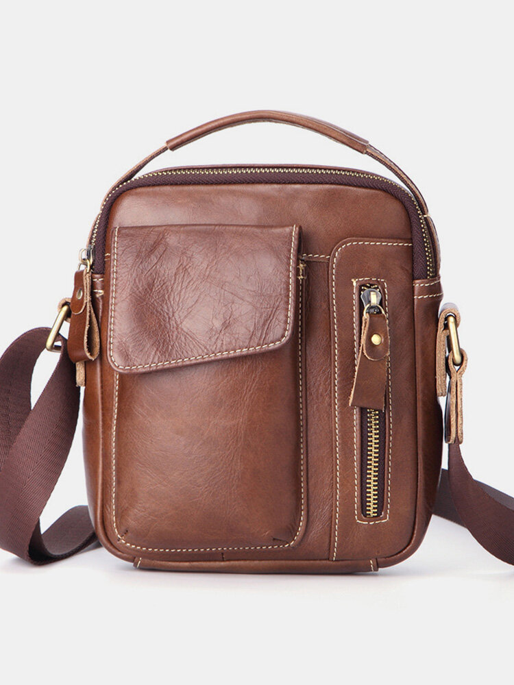 Genuine Leather Vintage Hard Wearing Magnet Button Aslant Bag Adjustable Shoulder Strap Cross Body Bag