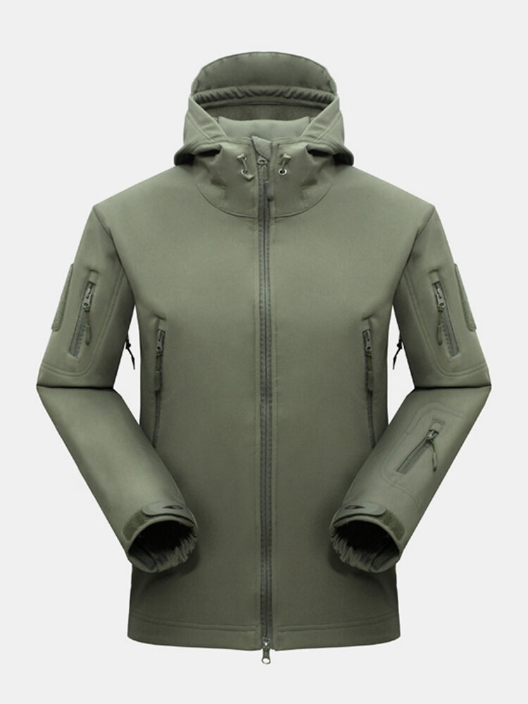 Mens Solid Color Waterproof Breathable Zipper Pocket Turtleneck Warm Hooded Jackets