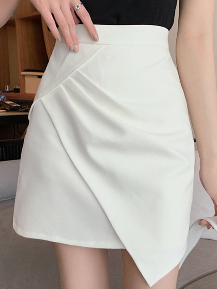 

Asymmetrical Hem Pleated Solid Mini Women Skirt, Black;blue;white