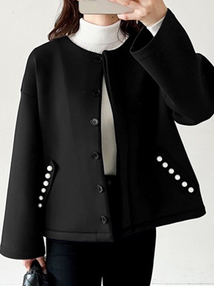 Women Solid Collarless Button Front Casual Long Sleeve Jacket