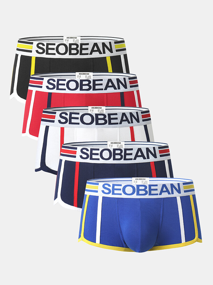 5Pcs Mens Premium Cotton Contrast Striped Breathable Logo Waistband Boxer Briefs