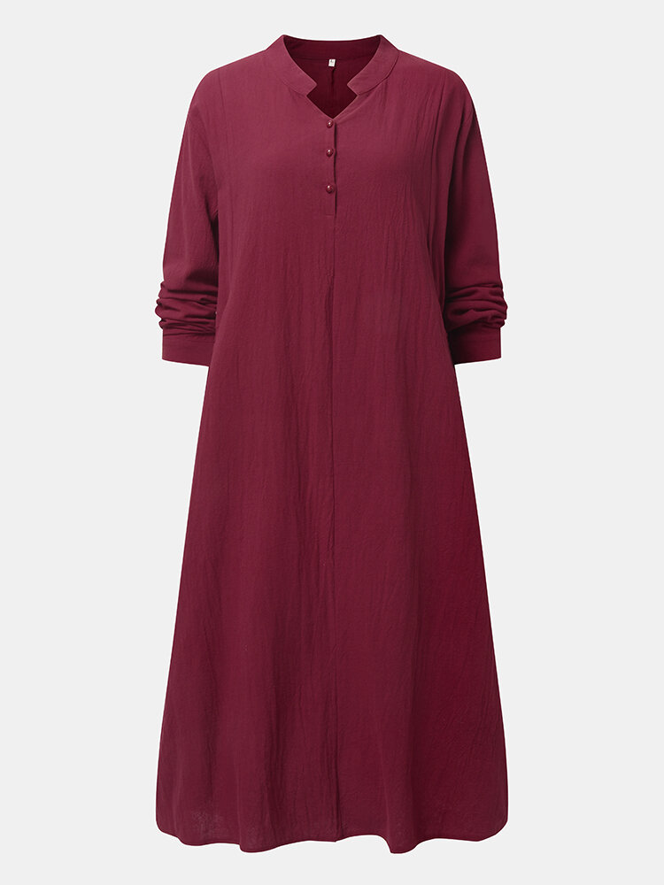 Plus Size Solid Half Open Collar Pocket Loose Casual Dress