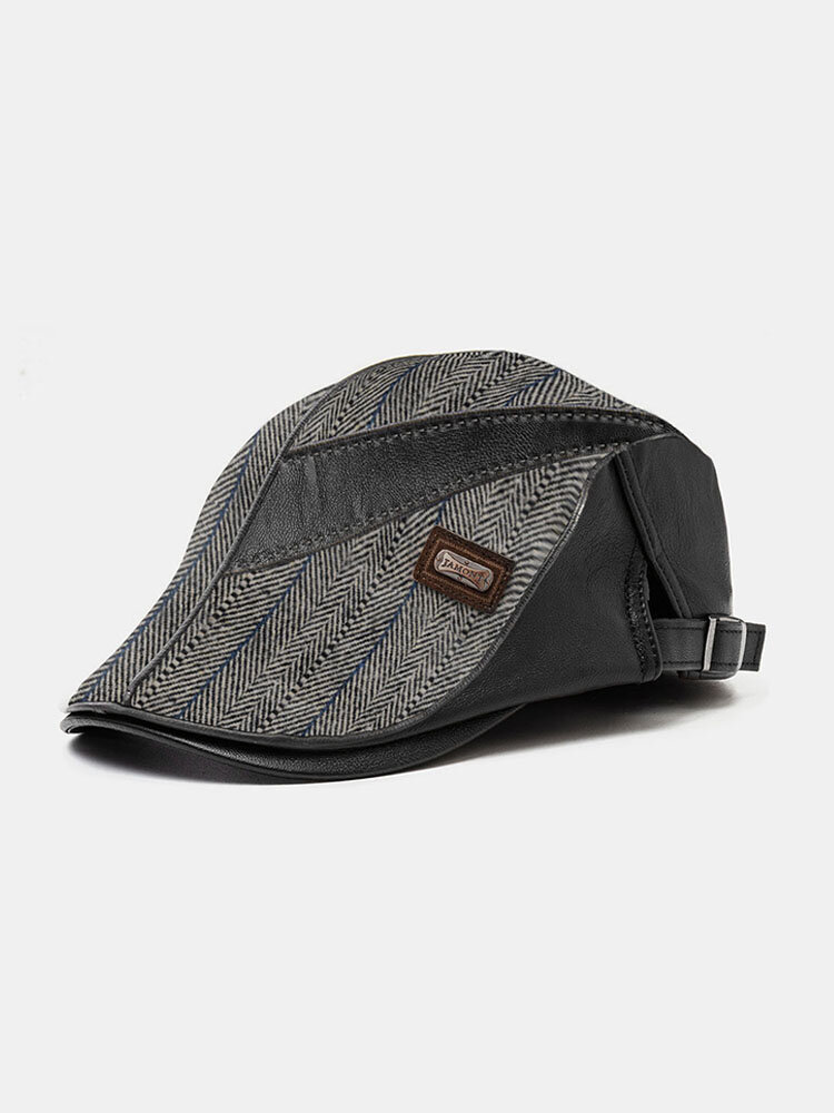 

Men Stripe Leather Patchwork Fashion Beret Flat Cap Personality Forward Hat, Black;coffee