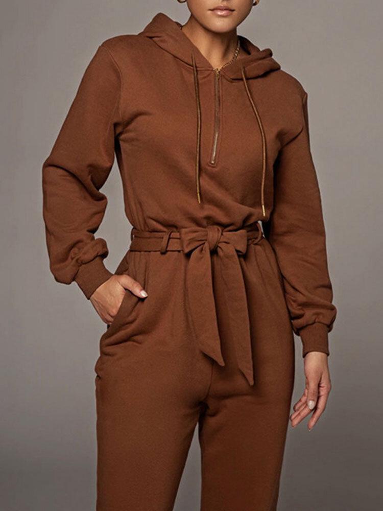Solid Color Zip Front Drawstring Knotted Hooded Jumpsuit