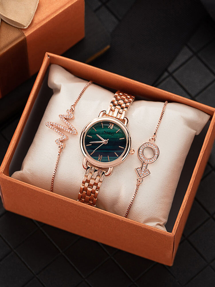 Elegant Emerald Watch Bracelet Set Stainless Steel Women Quartz Watch Rhinestone Bracelet
