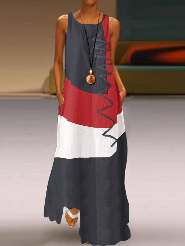 Print Patchwork Sleeveless Plus Size Maxi Dress with Pocket
