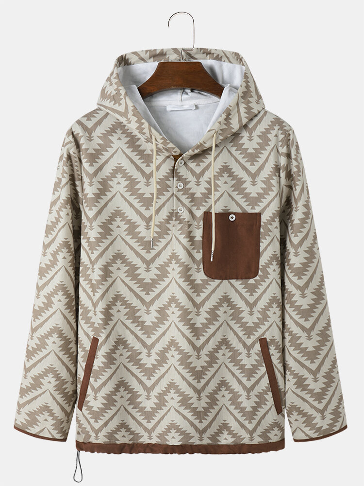 Mens Geometric Pattern Multi Pocket Long Sleeve Hooded Sweatshirts