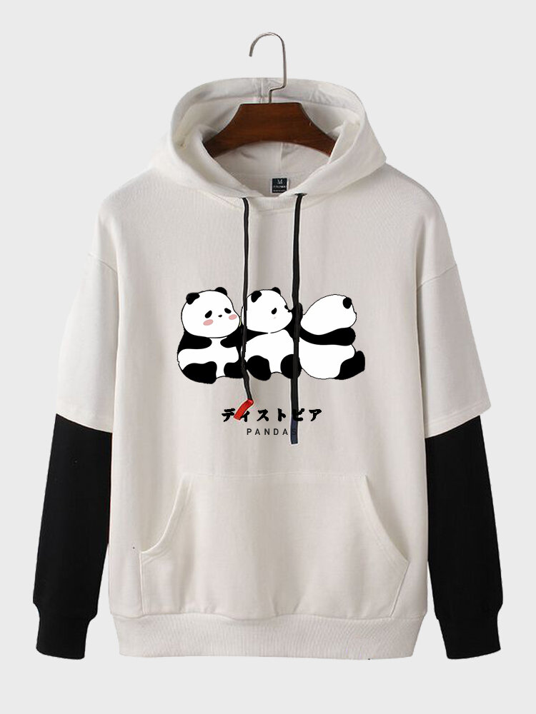 Mens Cute Panda Print Contrast Patchwork Drawstring Hoodies Winter