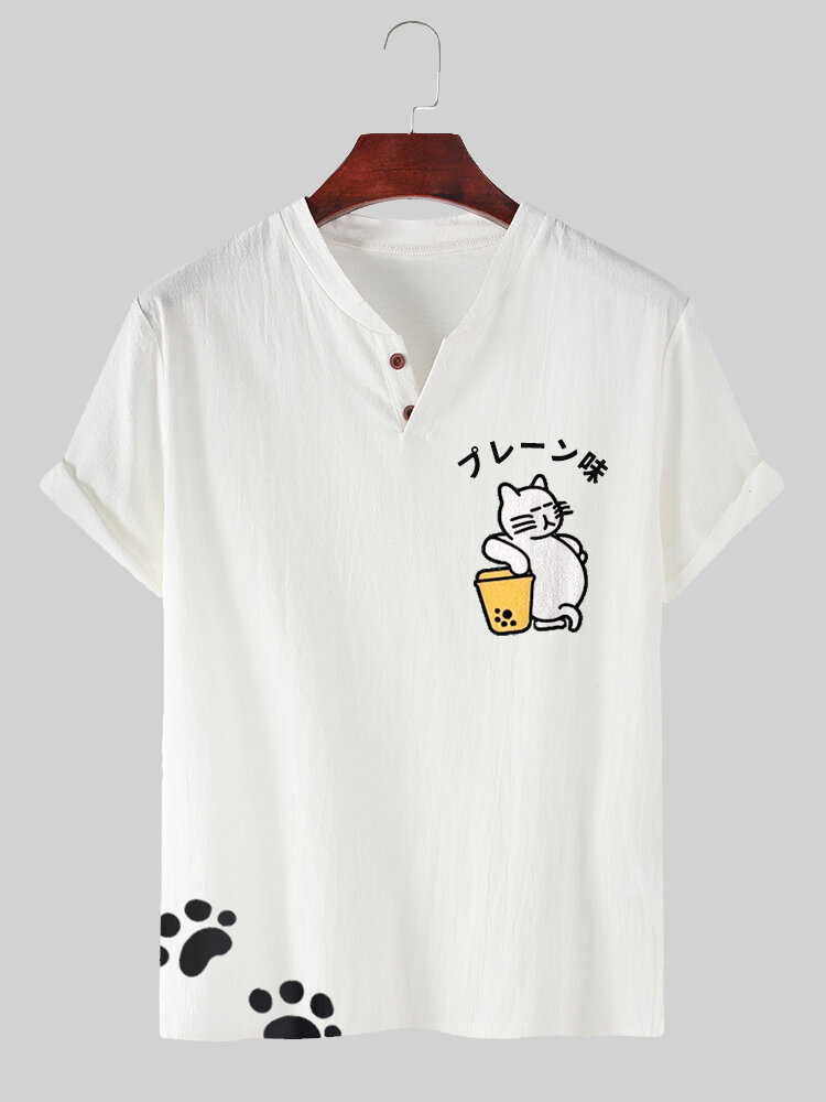 

Mens Japanese Cat Print Notched Neck 100%Cotton Short Sleeve T-Shirts, White