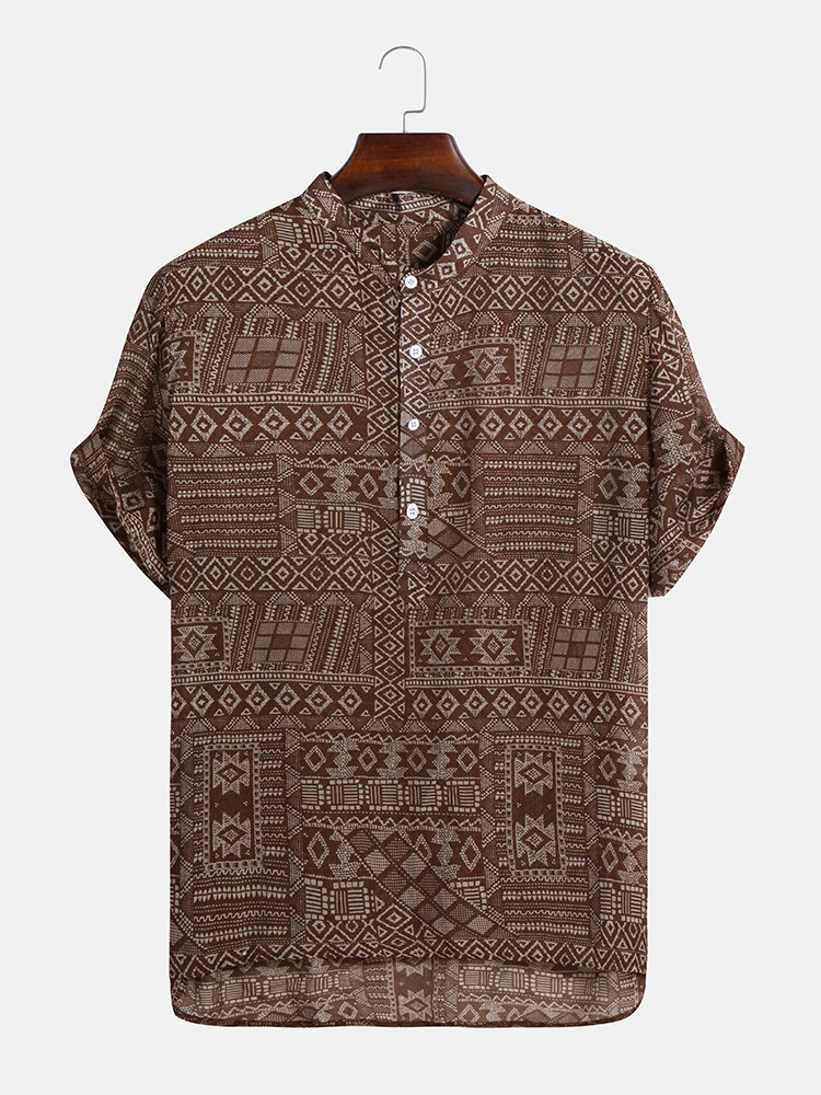 Mens Abstract Printing Ethnic Style Short Sleeve Loose Casual Henley Shirts