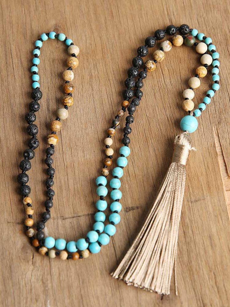Vintage Ethnic Multi-color Natural Stone Hand-beaded Tassel Necklaces