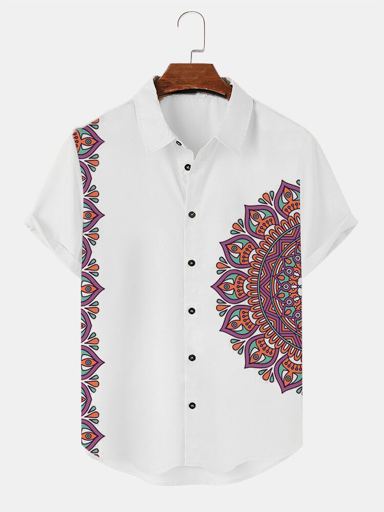 Camisas masculinas vintage étnicas Padrão lapela solta de manga curta