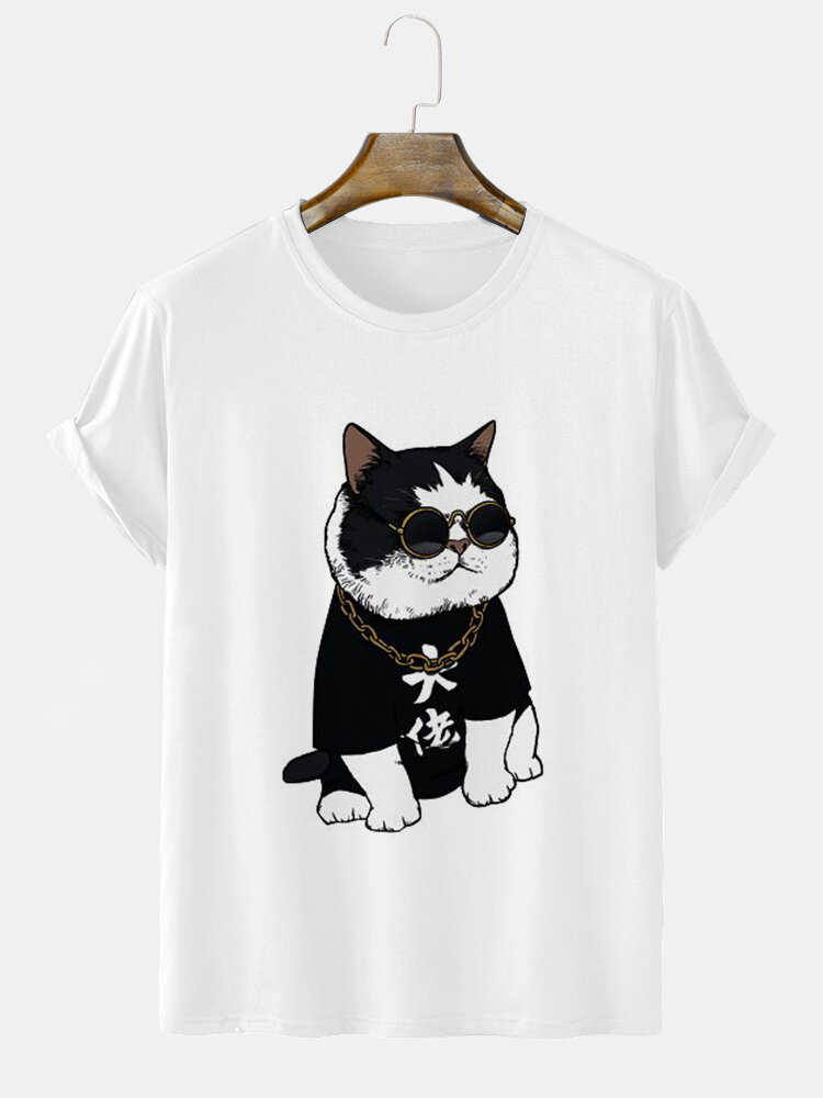 Mens Cartoon Cat Graphic Crew Neck Short Sleeve T-Shirts Winter