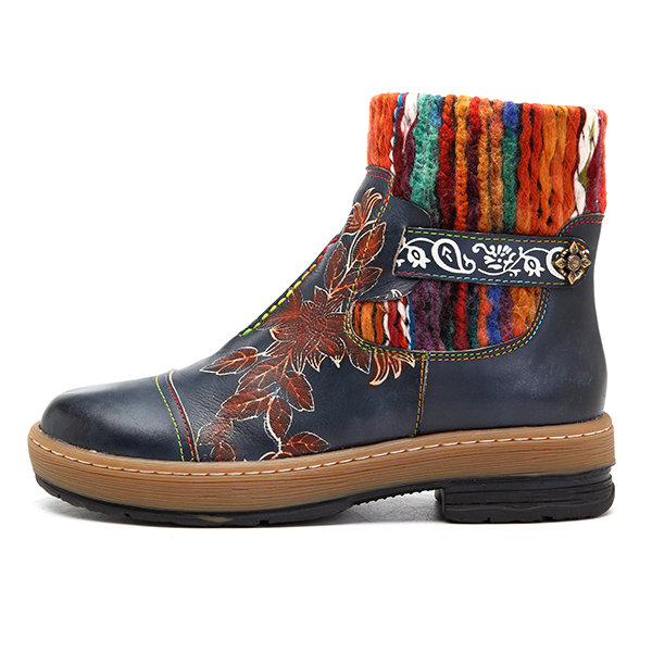SOCOFY Bohemian Color Match Pattern Ankle Flat Leather Boots