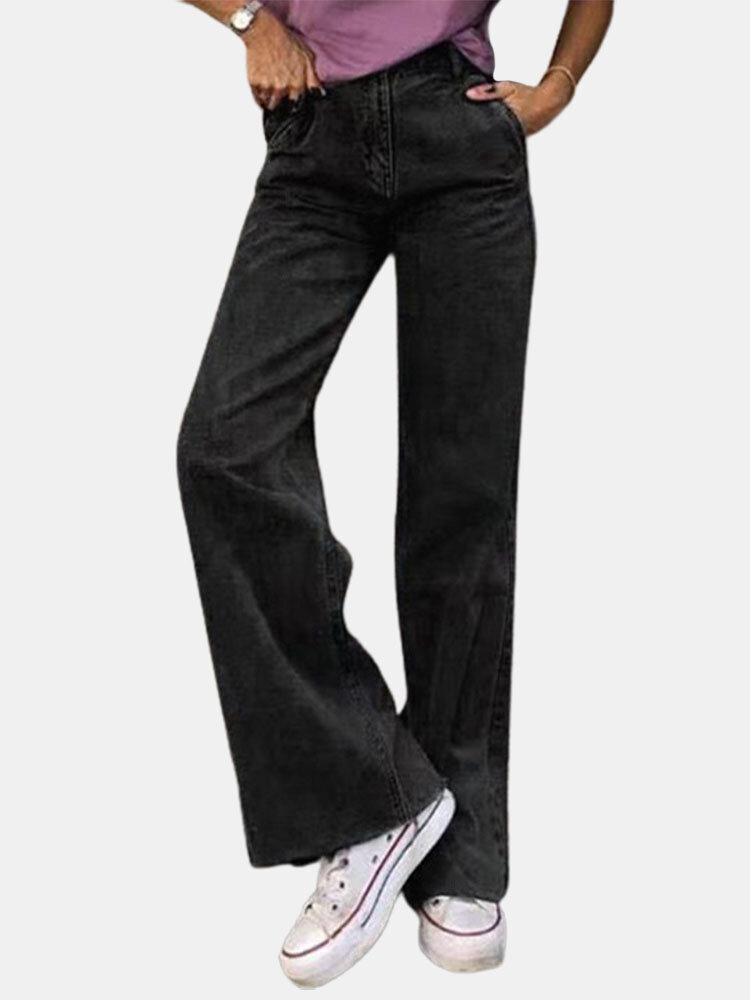 Solid High Waist Casual Straight Leg Denim Jeans