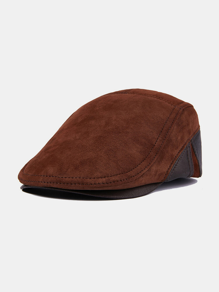 Men Genuine Leather Cowhide Casual Fahsion Warm Cross Decoration Forward Hat Beret Hat Flat Hat