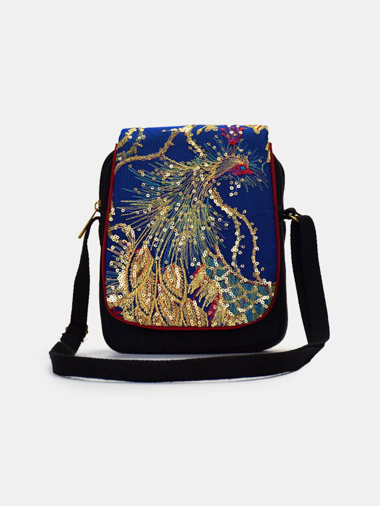 

Women Ethnic Sequined Embroidered Peacock 6.5 Inch Phone Bag Crossbody Bag, Wine red;blue;black