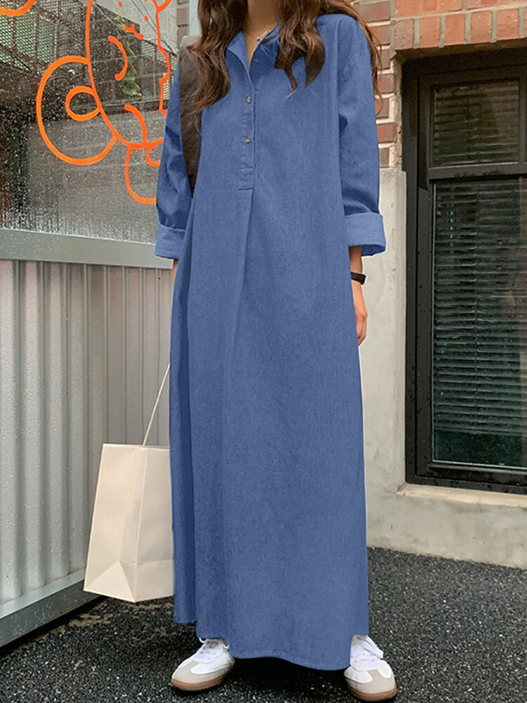 Однотонная джинсовая лацкан с длинным рукавом на пуговицах Повседневная Платье