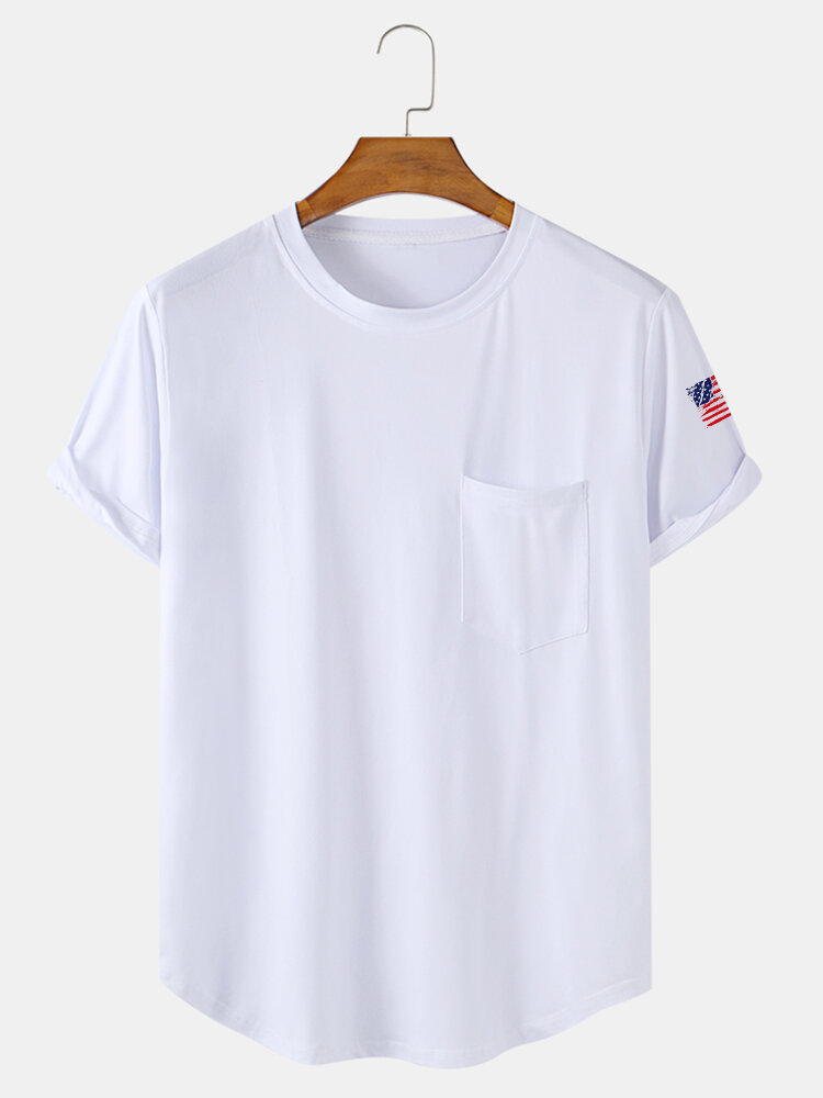 Mens Solid Color American Flag Sleeve Curved Hem T-Shirt With Pocket