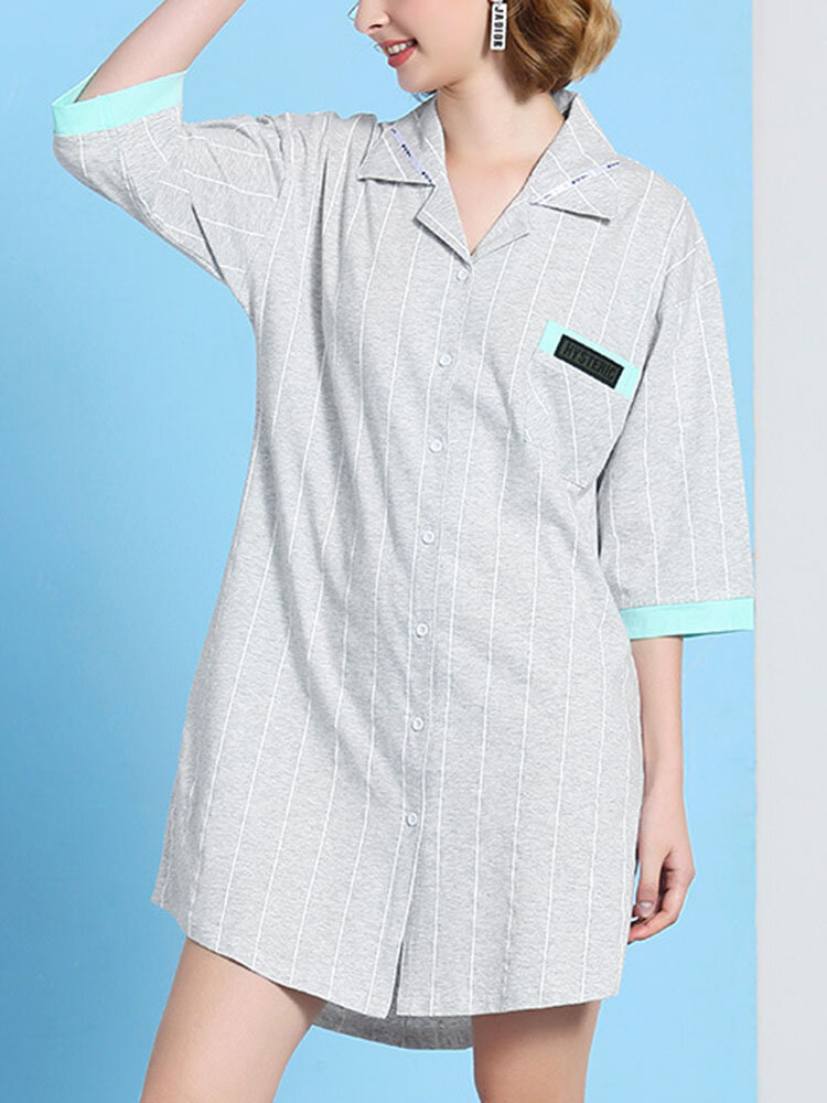 

Women Cotton Plain Vertical Stripes Half Sleeve Shirt Nightdress Pajamas With Pocket, Grey
