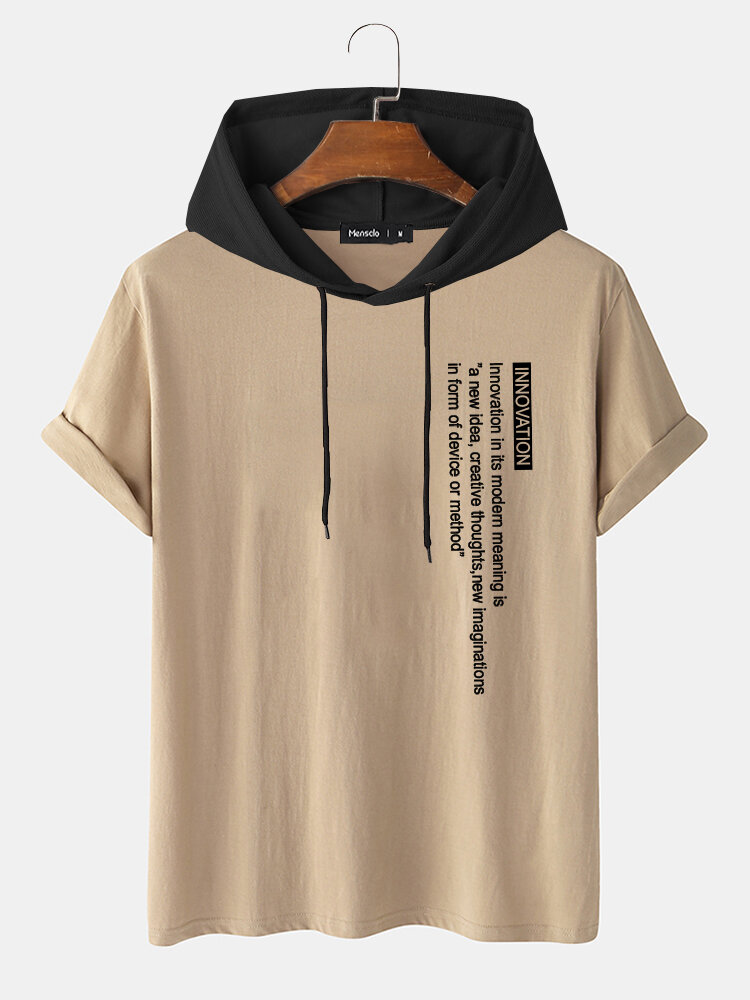 Mens Letter Side Print Short Sleeve Drawstring Hooded T-Shirts