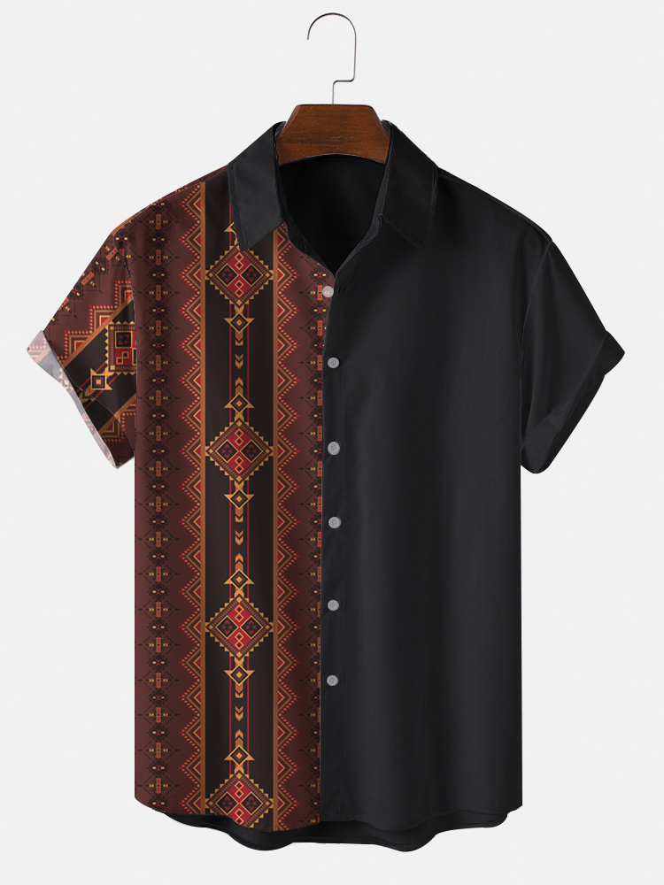 Mens Ethnic Ornament Two Tone Front Buttons Short Sleeve Shirts