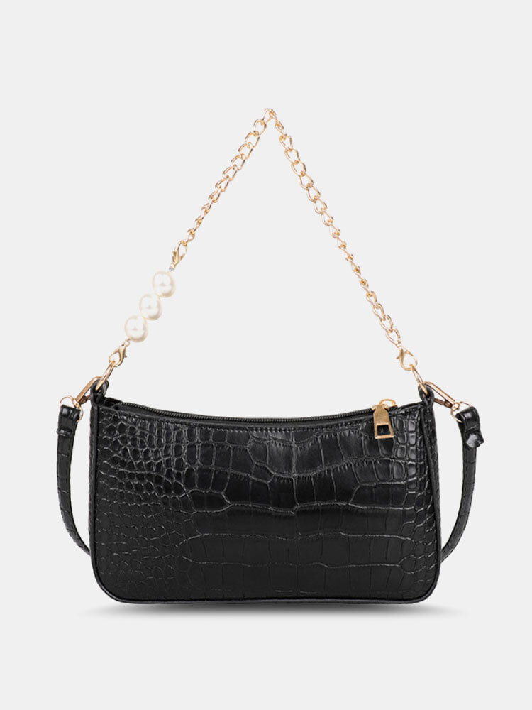 Crocodile Embossed Shiny Pearl Chain Decor Multi-Carry Rigorous Stitch Craft Exquisite Hardware Handbag