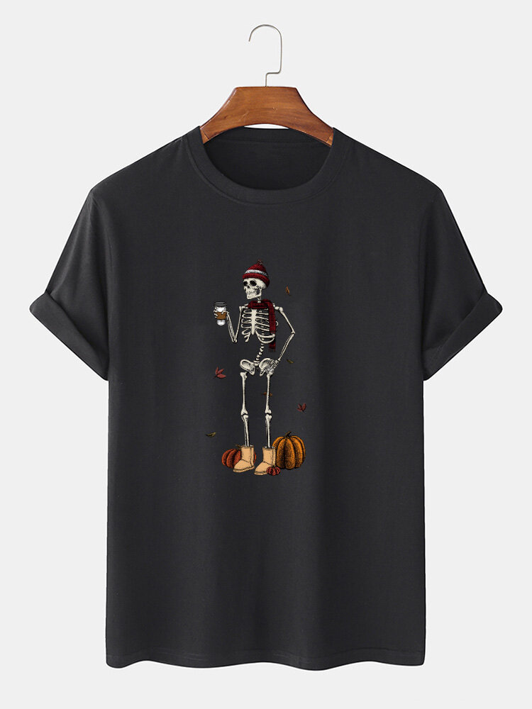 

Mens 100% Cotton Halloween Skeleton Pumpkin Print Casual Short Sleeve T-Shirts, Black;grey;blue;white;khaki