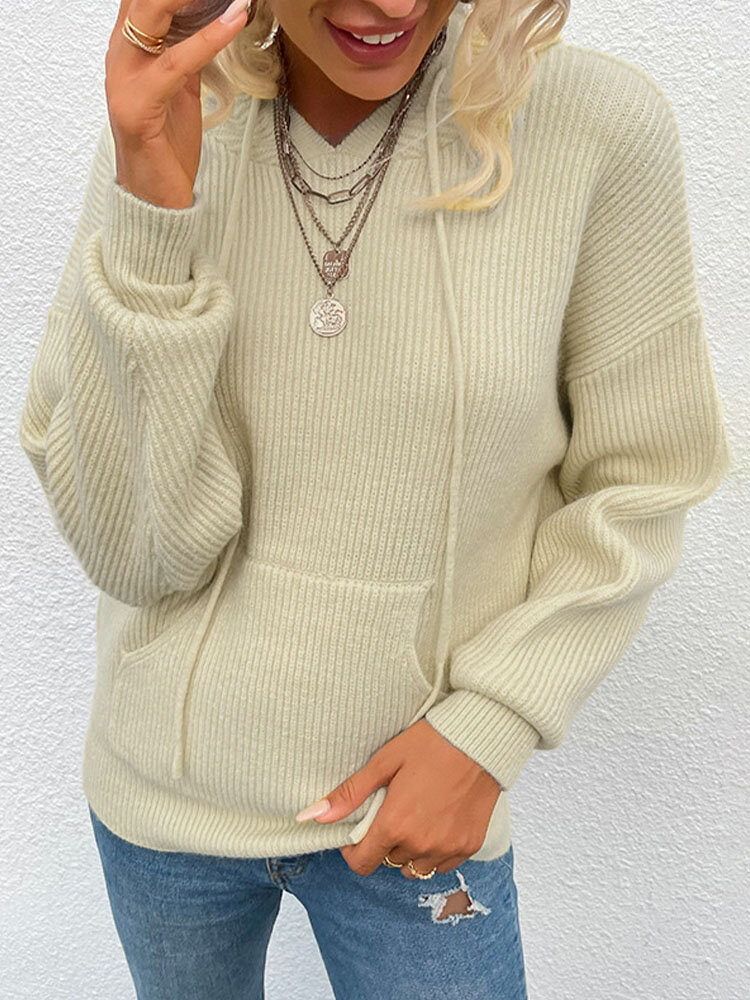 Solid Pocket Hooded Drawstring Long Sleeve Knit Sweater