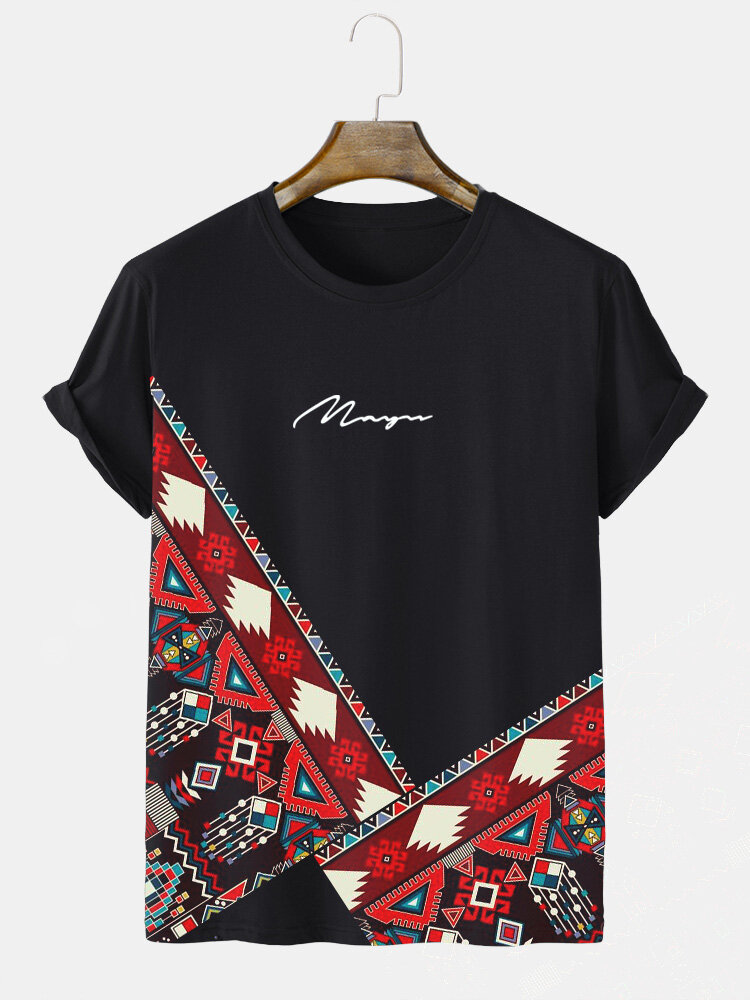 Mens Script Ethnic Geometric Print Patchwork Short Sleeve T-Shirts Winter