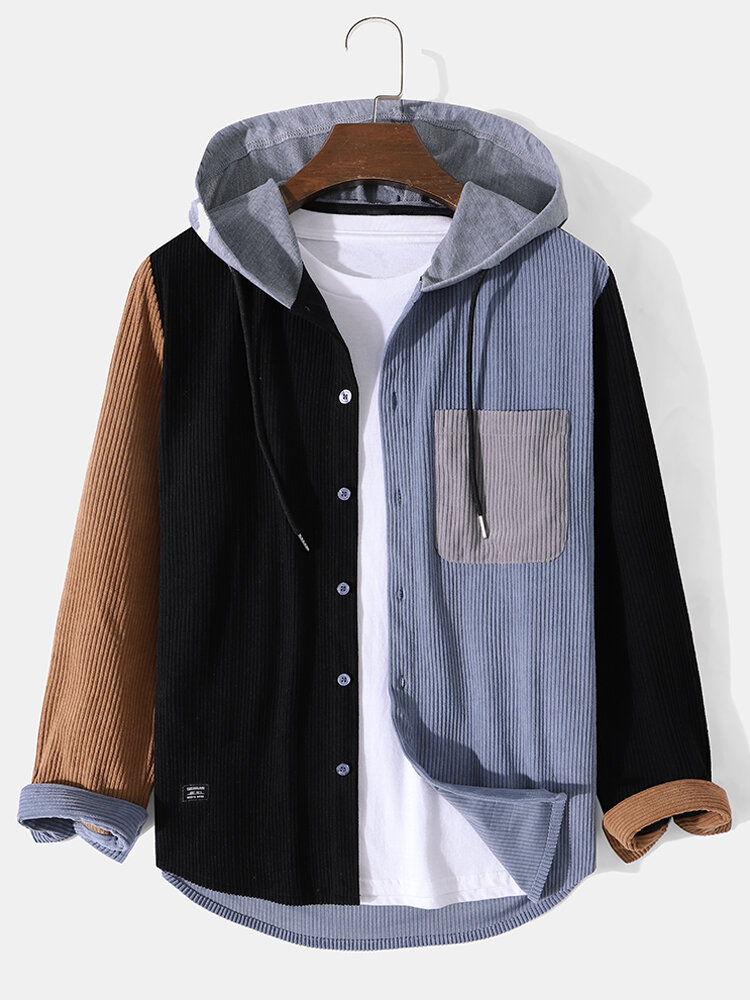 Mens Corduroy Patchwork Button Up Long Sleeve Hooded Shirts